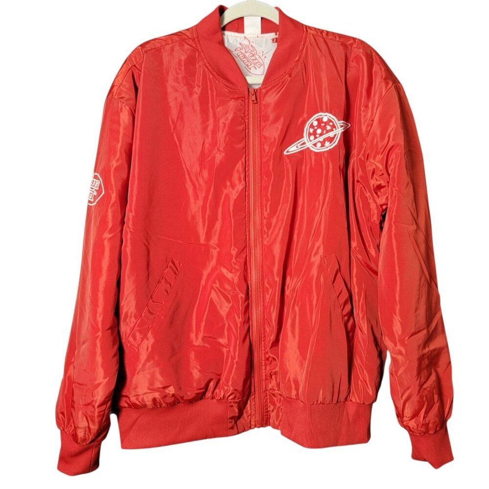 Toy Story Red Pizza Planet Satin Bomber Windbreaker Jacket Adult Medium & Cap L - Picture 2 of 12